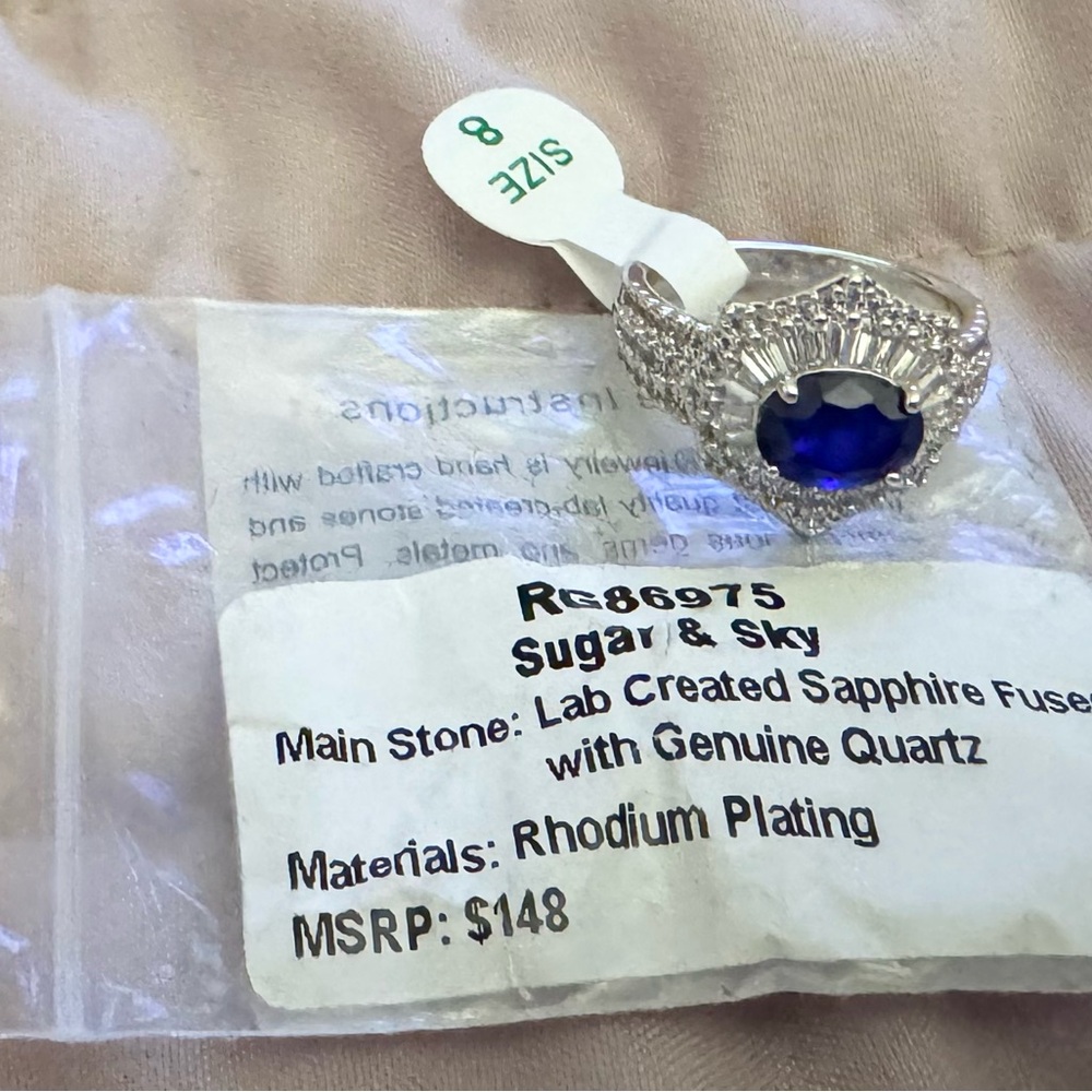 Sugar & Sky Blue Sapphire Ring with Rhodium Plating